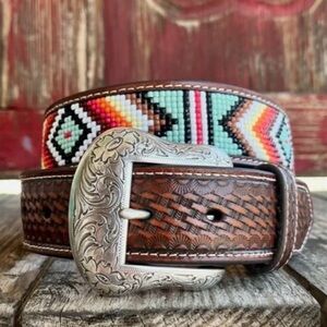 Nocona Western Belt Mens Basketweave Tab Beaded  size 44 tan